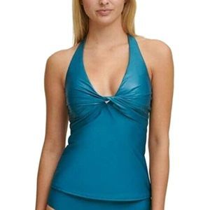 $88 DKNY Stretch Removable Cups Twist Front V Neck Halter Tankini Aqua Large